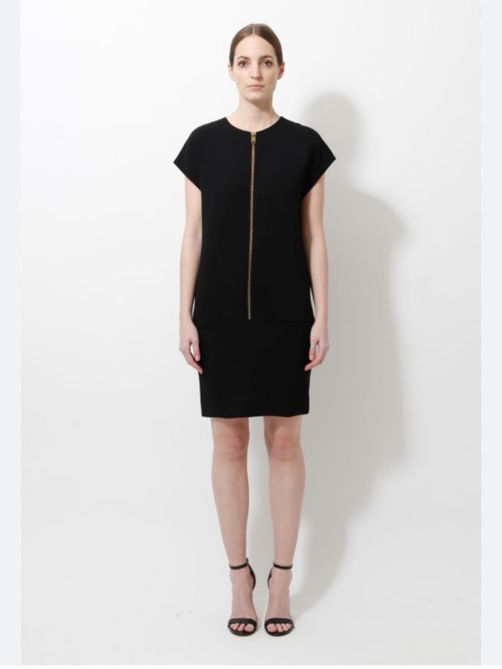 Celine Black Shift Dress Gold Zip Front Size M Made in France Minimalist 2011